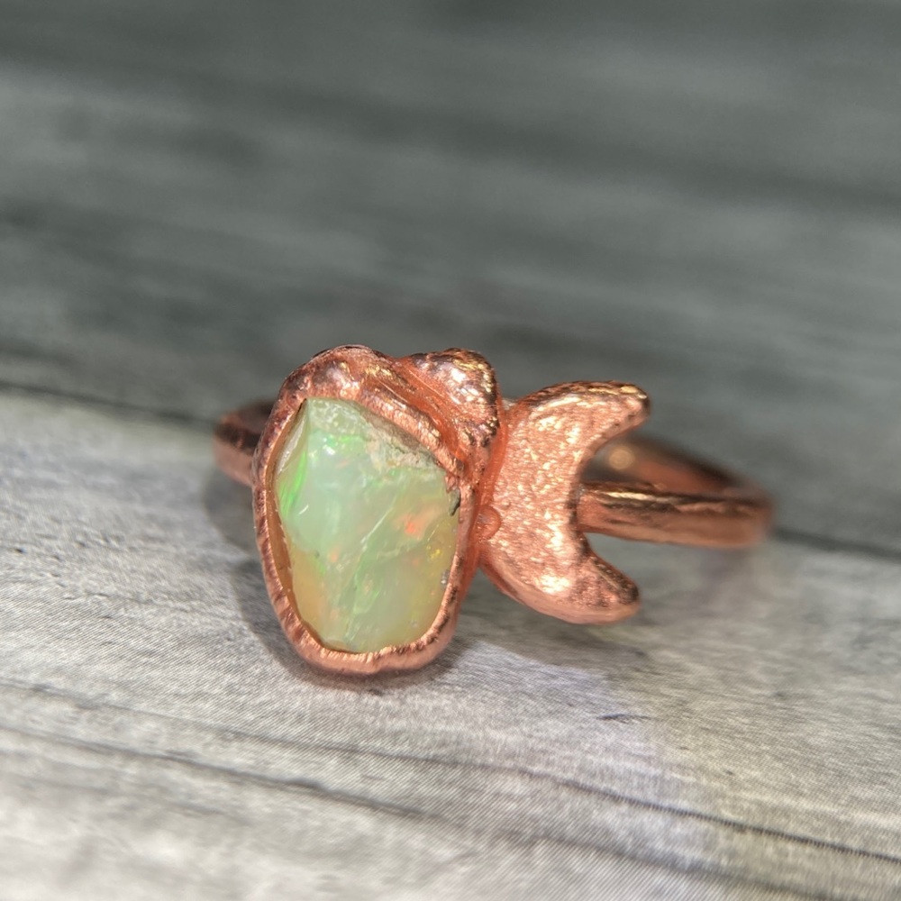 Raw Opal Crystal With Moon Handmade Copper Ring size 9
